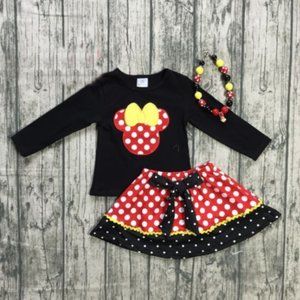 Boutique Girls Minnie Mouse Long Sleeve Shirt & Skirt Outfit Set